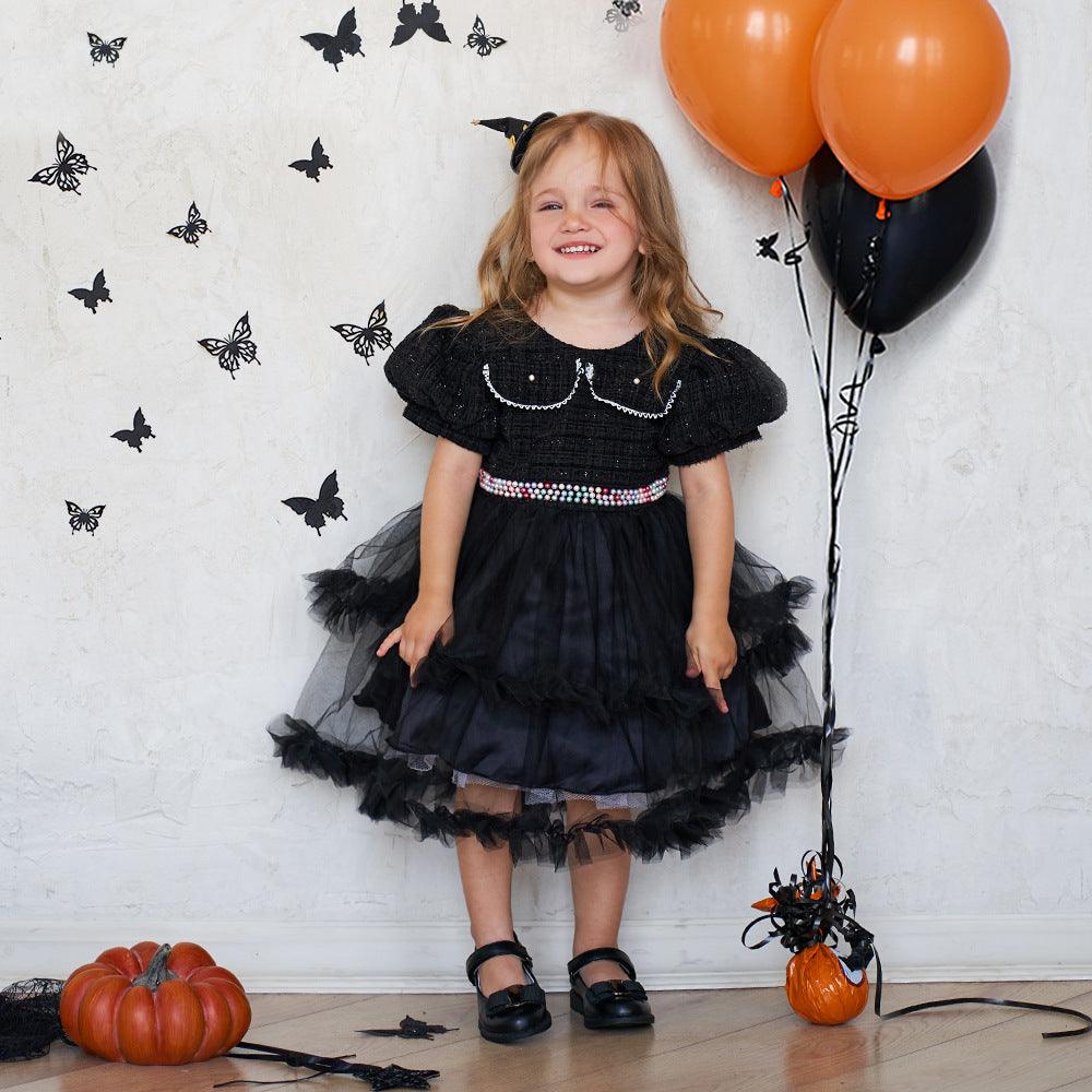 Girls' Fashion Halloween Mesh Stitching Puff Sleeve Dress - Amazitshop