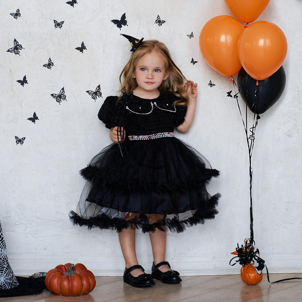 Girls' Fashion Halloween Mesh Stitching Puff Sleeve Dress - Amazitshop