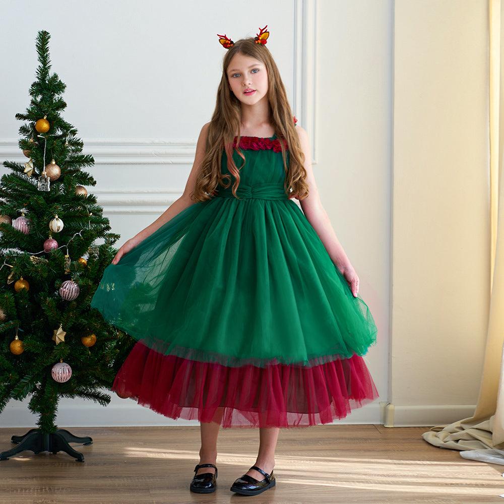 Girls' Fashionable Simple Red And Green Christmas Dress Puffy Wedding Dress - Amazitshop