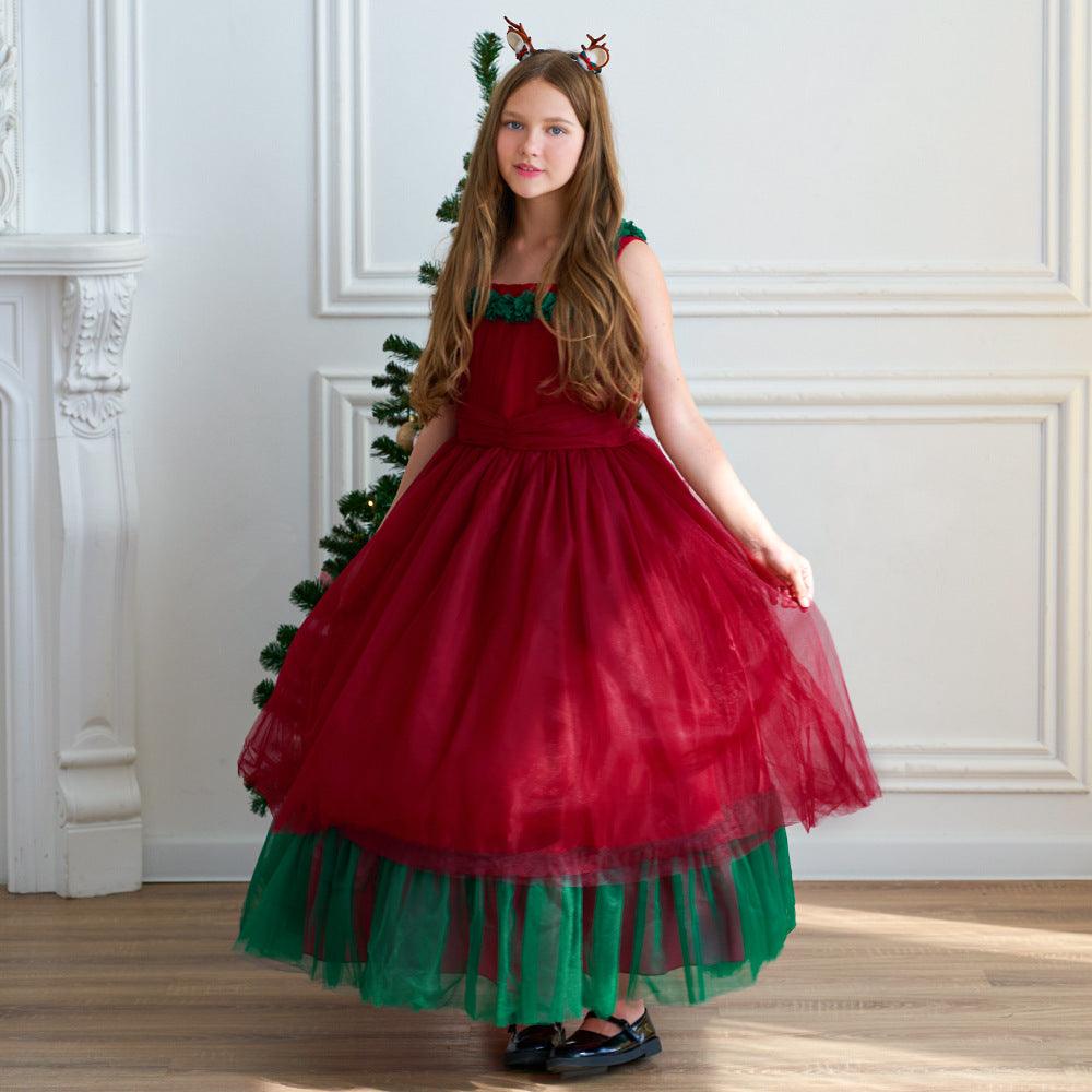 Girls' Fashionable Simple Red And Green Christmas Dress Puffy Wedding Dress - Amazitshop