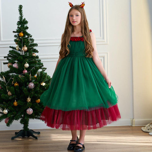 Girls' Fashionable Simple Red And Green Christmas Dress Puffy Wedding Dress - Amazitshop