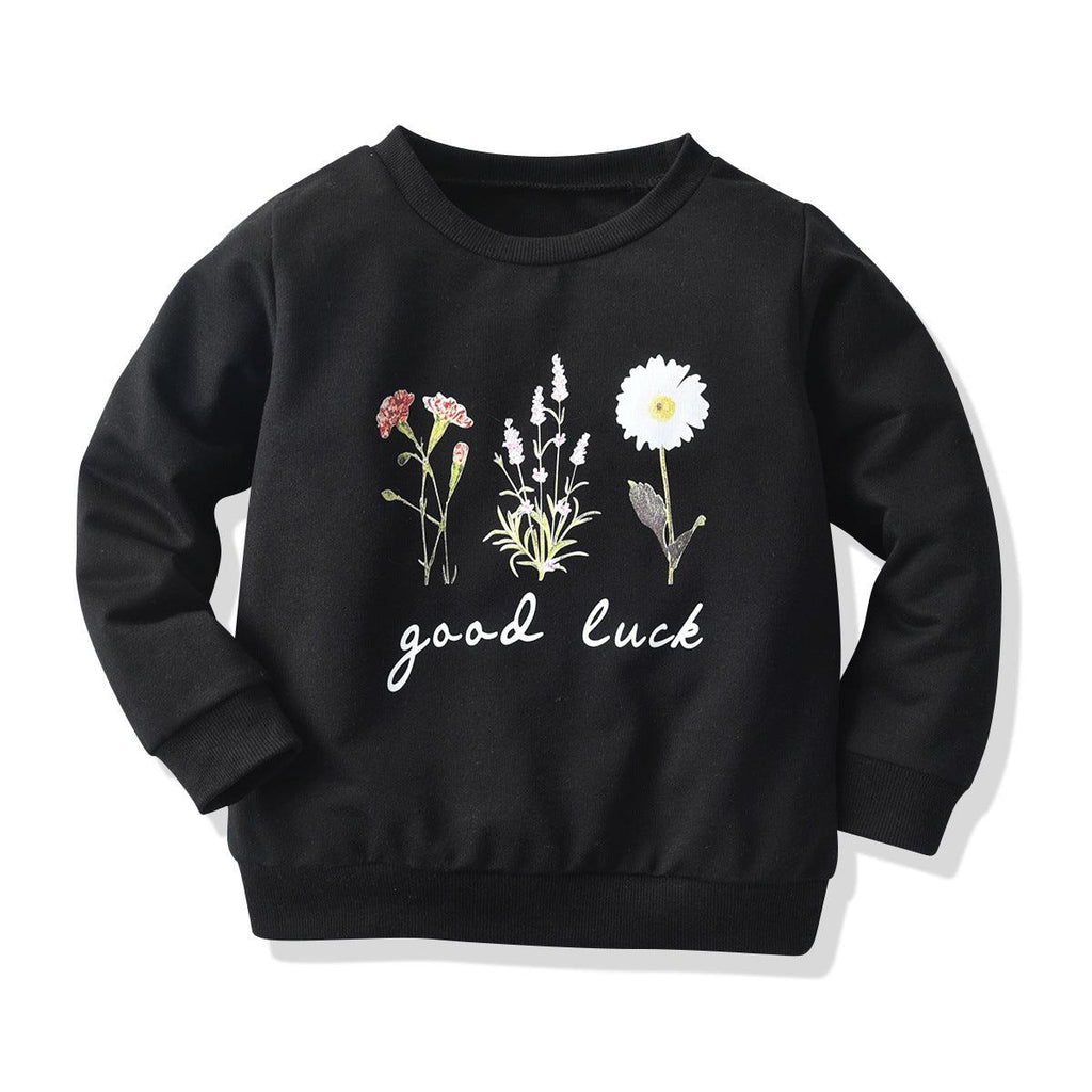 Girls Flower Pattern Black Long - Sleeved T-shirt Sweatshirt - Amazitshop