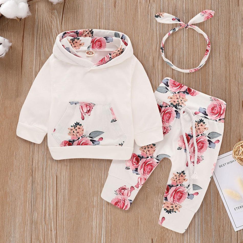 Girls hooded top floral three - piece suit - Amazitshop
