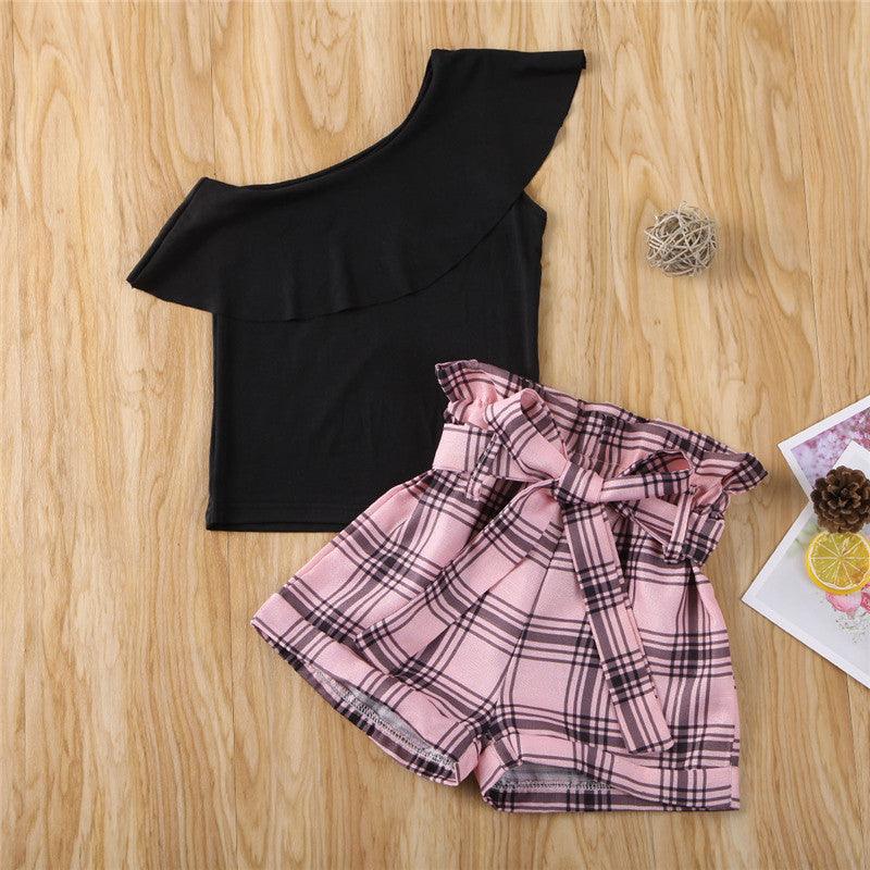 Girls Kids One Shoulder Black Ruffle Tops Plaid Shorts - Amazitshop