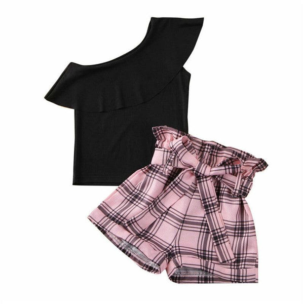 Girls Kids One Shoulder Black Ruffle Tops Plaid Shorts - Amazitshop