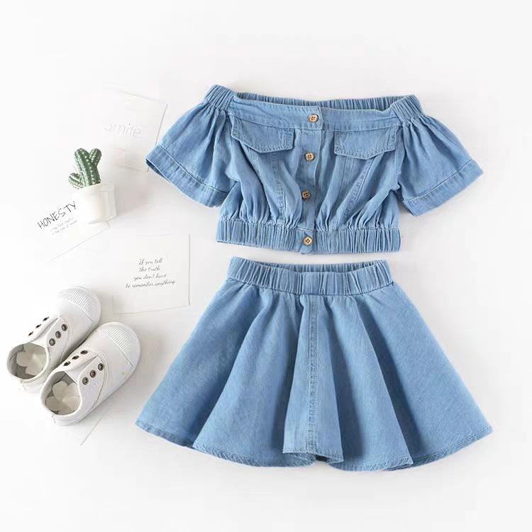 Girls Korean Version Denim Two - piece High - waisted Short - sleeved Top - Amazitshop