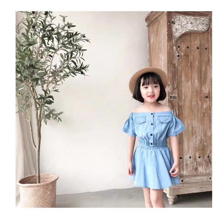 Girls Korean Version Denim Two - piece High - waisted Short - sleeved Top - Amazitshop
