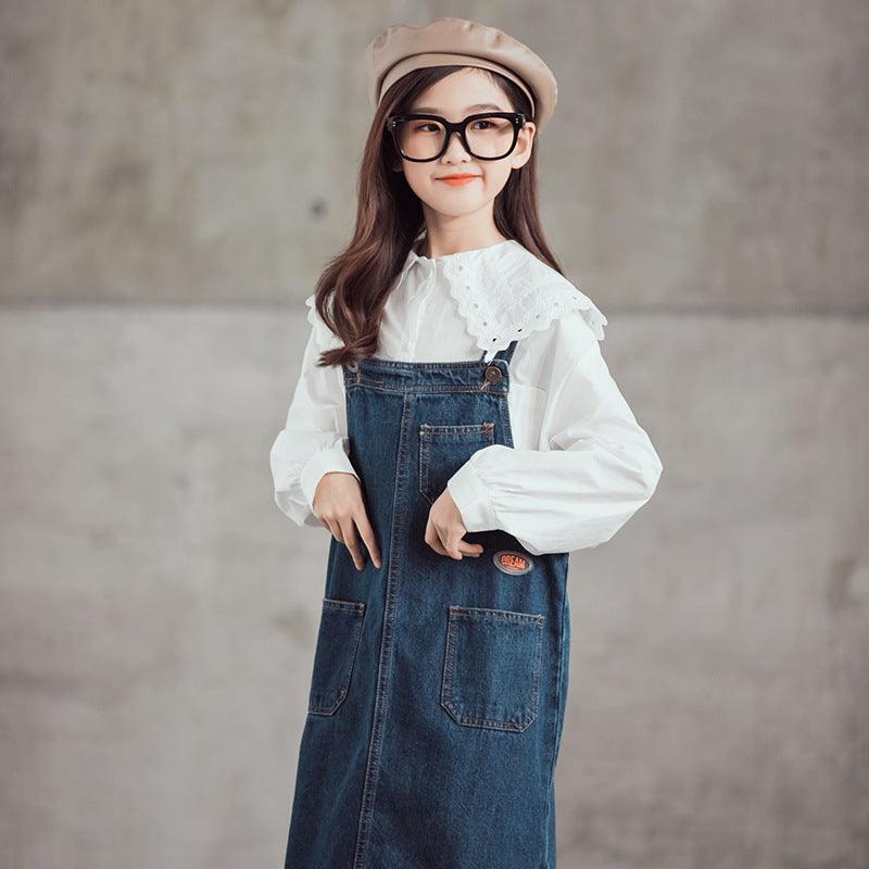 Girls Lace Collar White Shirt Denim Suspenders Skirt - Amazitshop