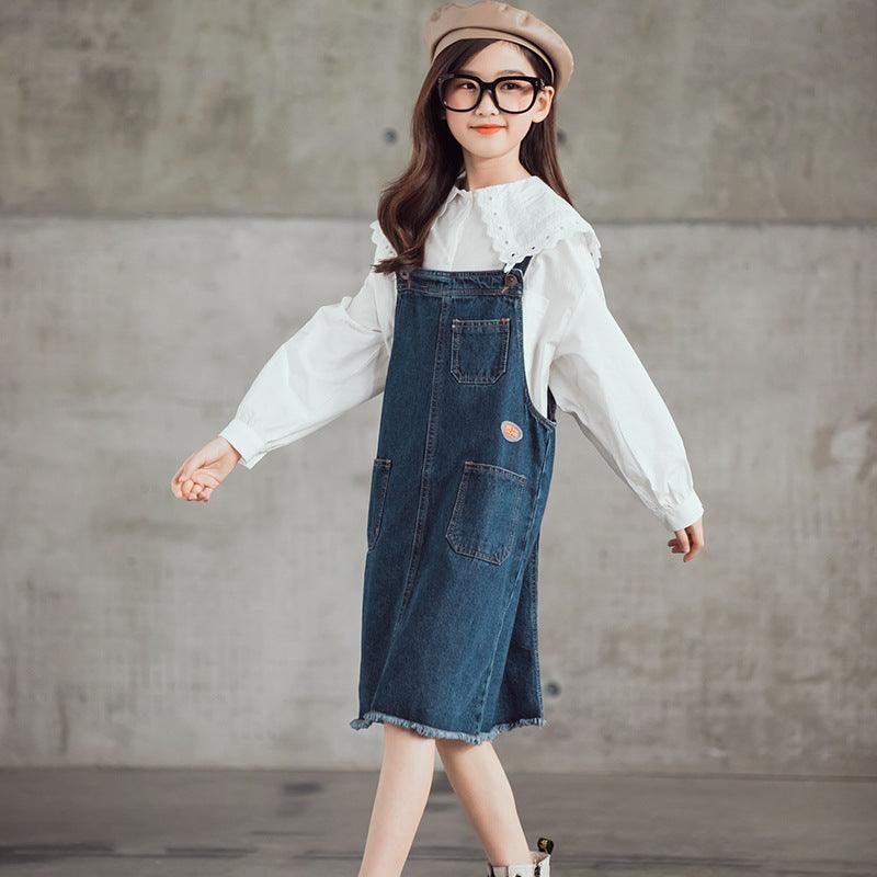 Girls Lace Collar White Shirt Denim Suspenders Skirt - Amazitshop