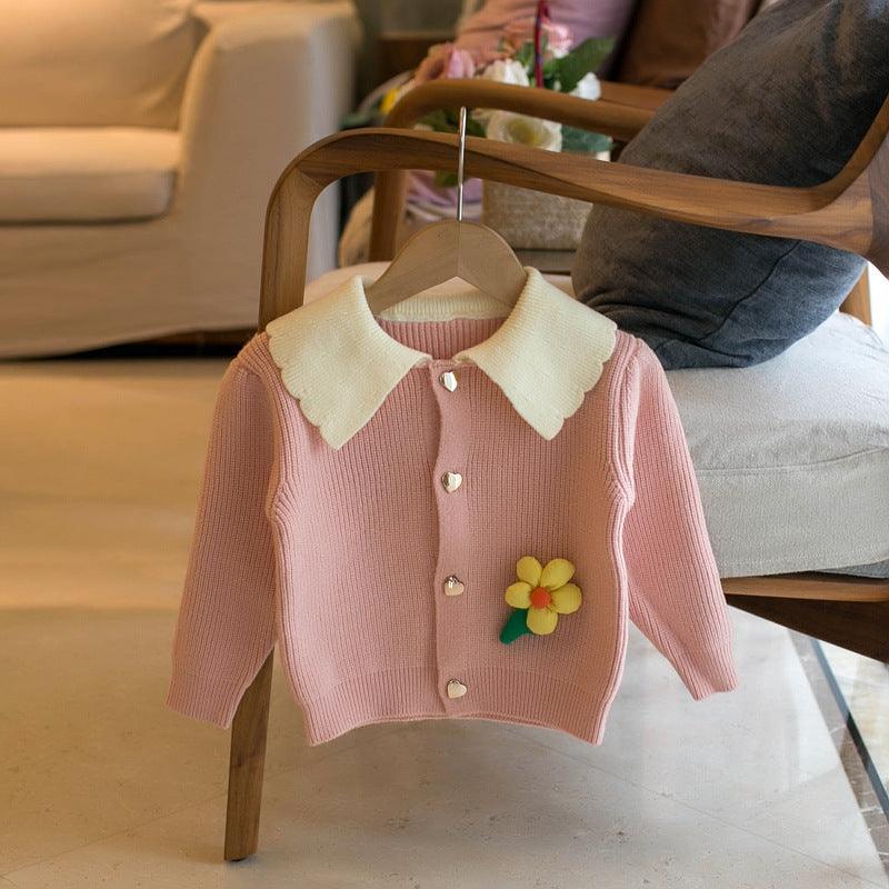 Girls' Lapel Flower Cardigan Sweater - Amazitshop