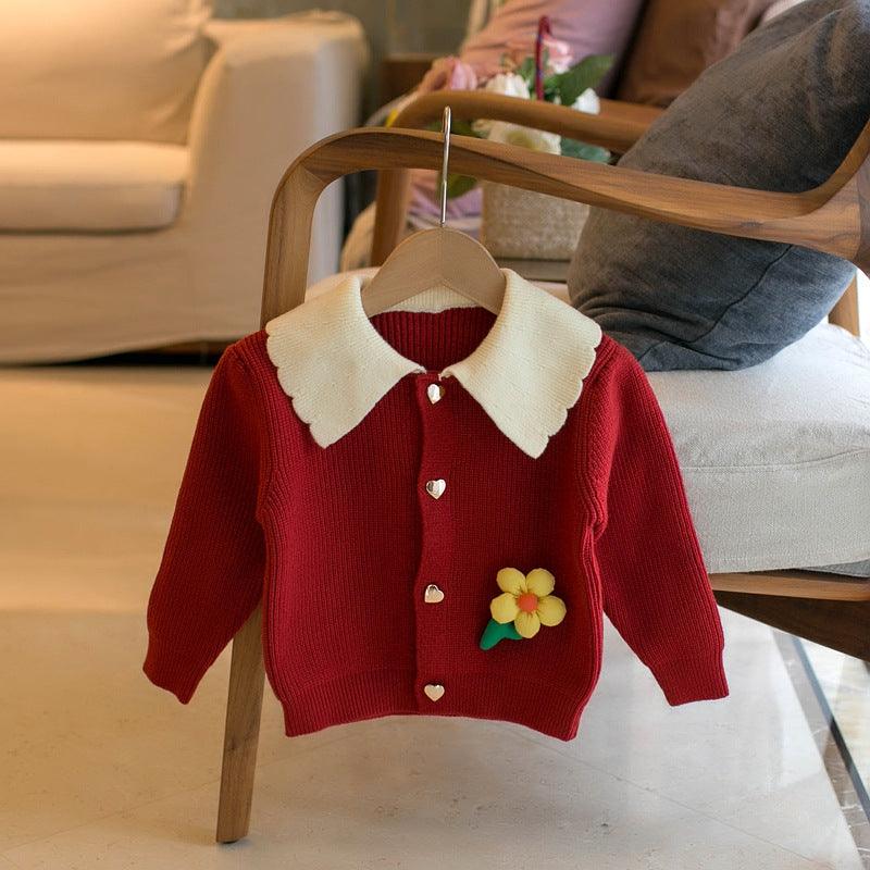 Girls' Lapel Flower Cardigan Sweater - Amazitshop