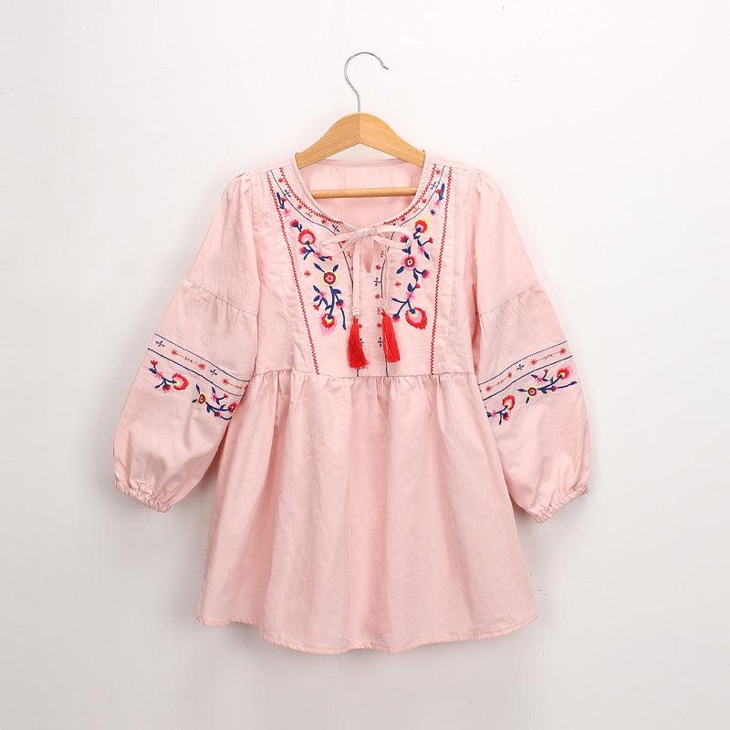 Girls' Long Sleeve Embroidery Tie - neck Tassel Dress - Amazitshop