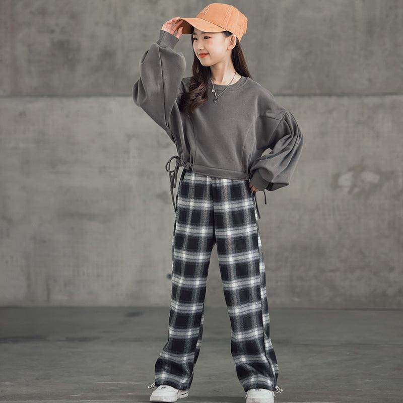 Girls' Suits Western Style Korean Children's Clothing Trendy Plaid Trousers Big Kids - Amazitshop