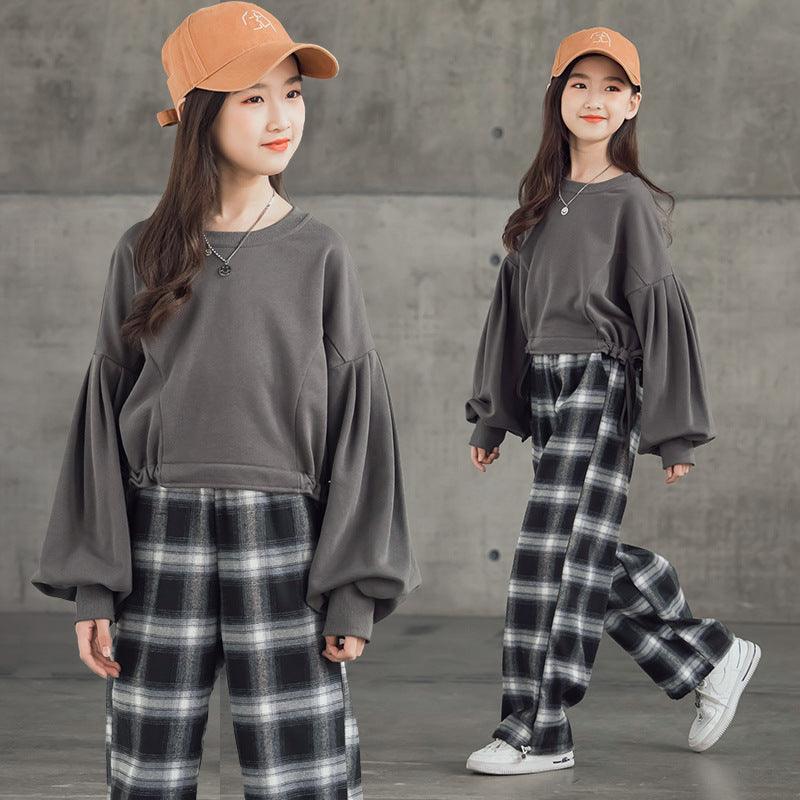 Girls' Suits Western Style Korean Children's Clothing Trendy Plaid Trousers Big Kids - Amazitshop