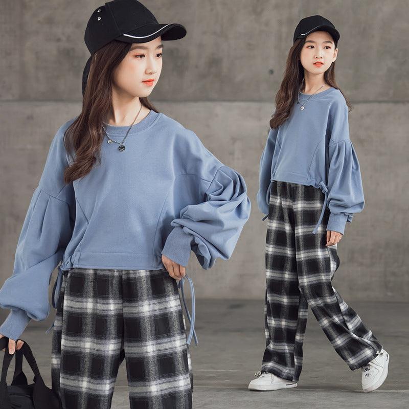 Girls' Suits Western Style Korean Children's Clothing Trendy Plaid Trousers Big Kids - Amazitshop