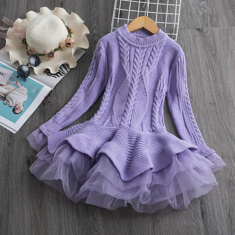 Girls' sweater dress long sleeve puffy princess dress - Amazitshop