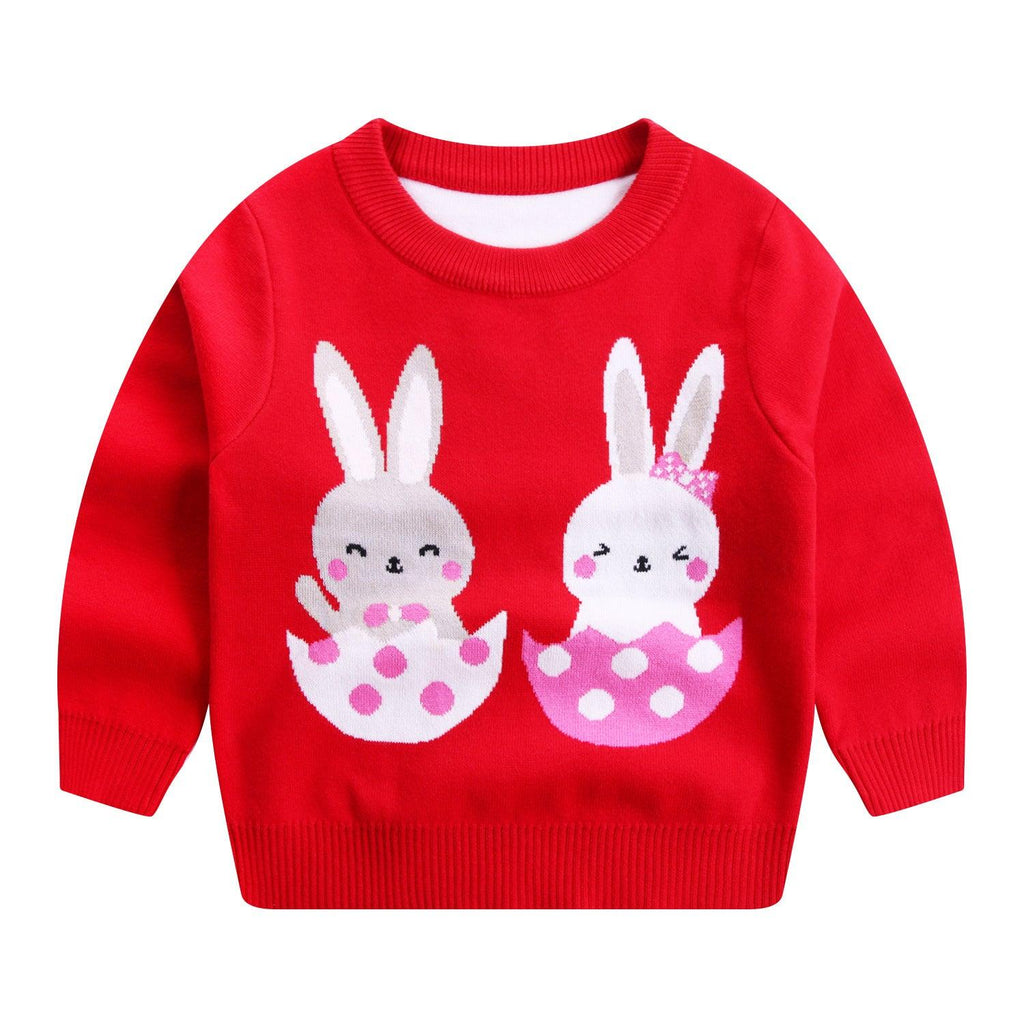 Girls' Sweaters Two Rabbits Round Neck Cotton Double Layer Warm - Amazitshop