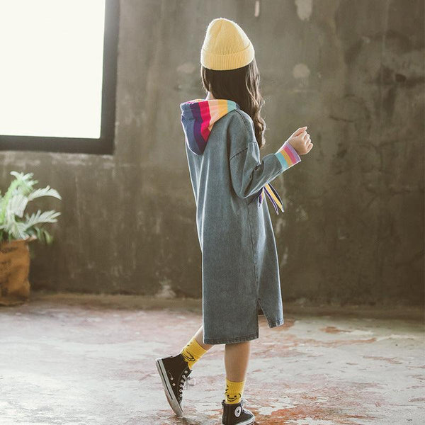 Girls T-Shirt Solid Color Rainbow Denim Long Sleeve Dress - Amazitshop