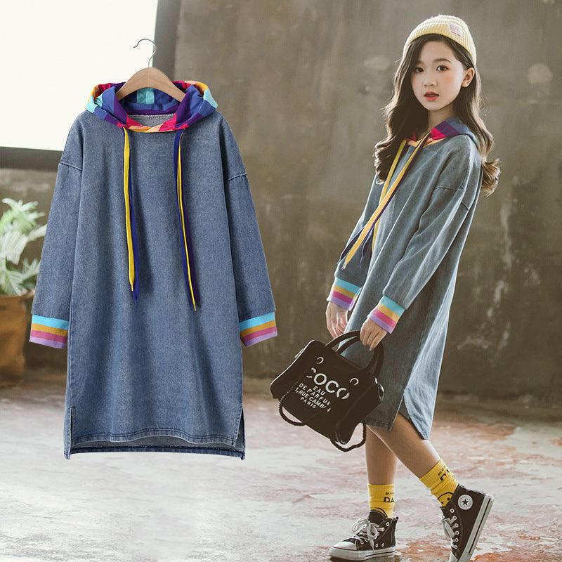 Girls T-Shirt Solid Color Rainbow Denim Long Sleeve Dress - Amazitshop
