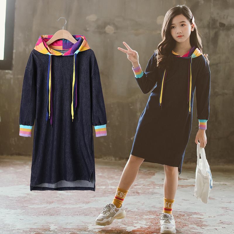 Girls T-Shirt Solid Color Rainbow Denim Long Sleeve Dress - Amazitshop