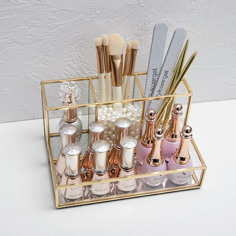 Glass Makeup Organizer Bathroom Cosmetic Organizer With Golden - Amazitshop