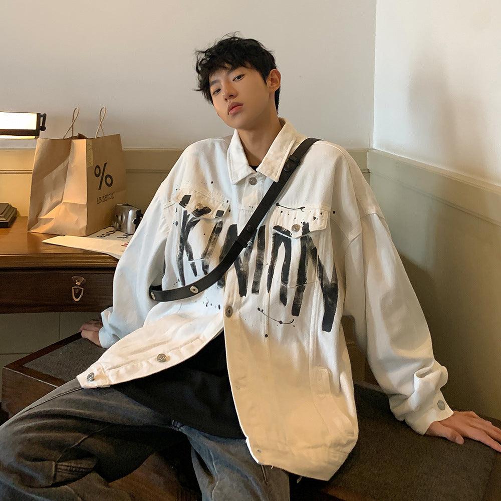 Graffiti Letter Printing Handsome High Street Denim Jacket For Young Men Baggy Coat - Amazitshop