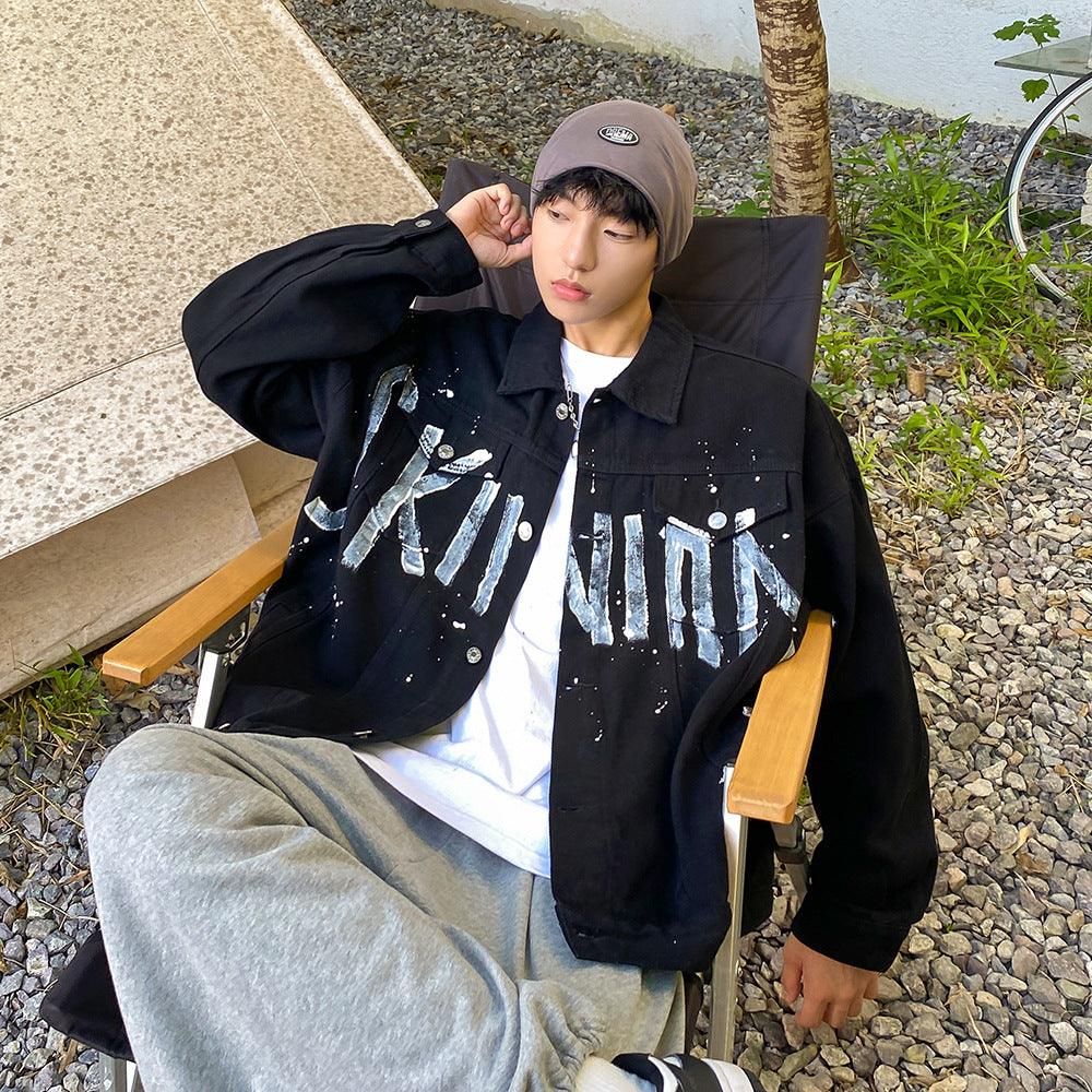 Graffiti Letter Printing Handsome High Street Denim Jacket For Young Men Baggy Coat - Amazitshop