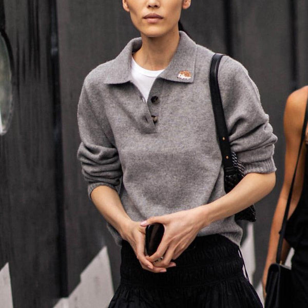 Gray Elegant Polo Collar Sweater Hedgehog Embroidered Long - sleeved Sweater - Amazitshop