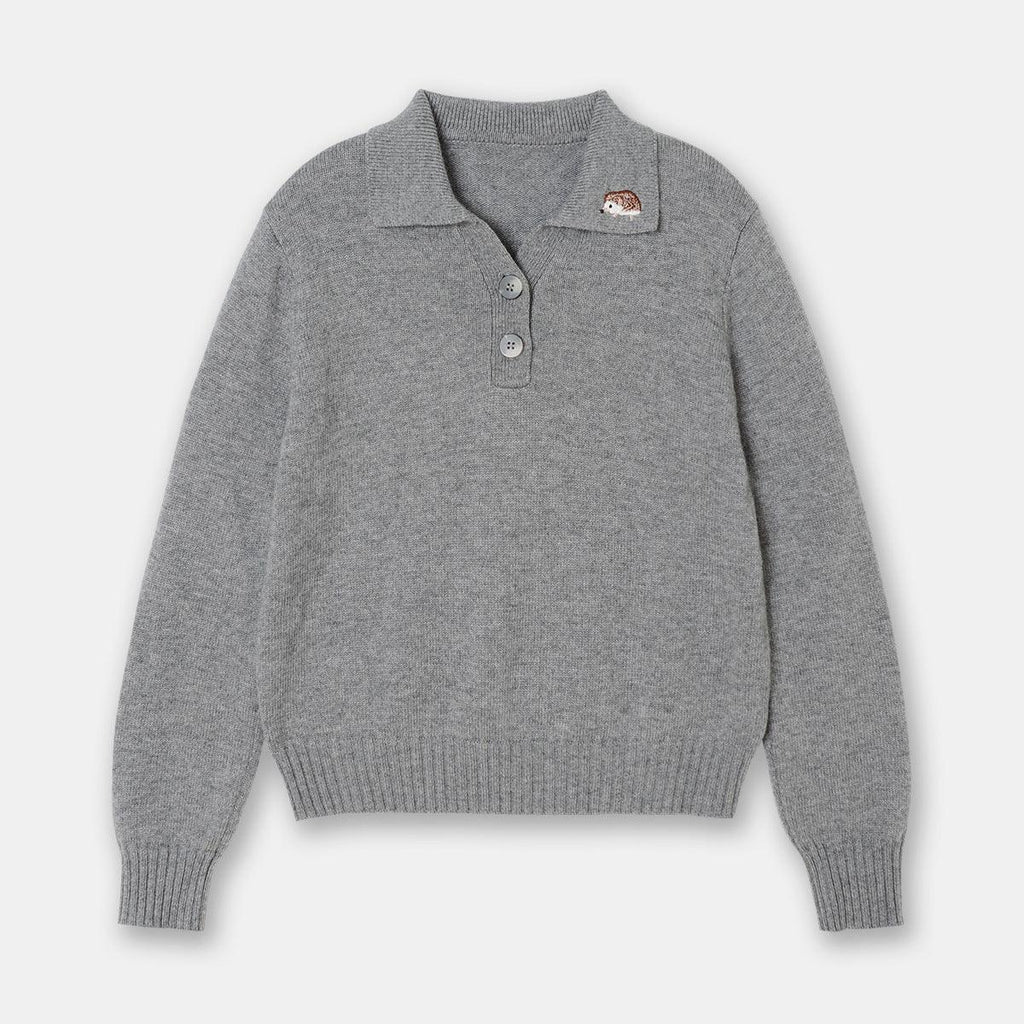 Gray Elegant Polo Collar Sweater Hedgehog Embroidered Long - sleeved Sweater - Amazitshop