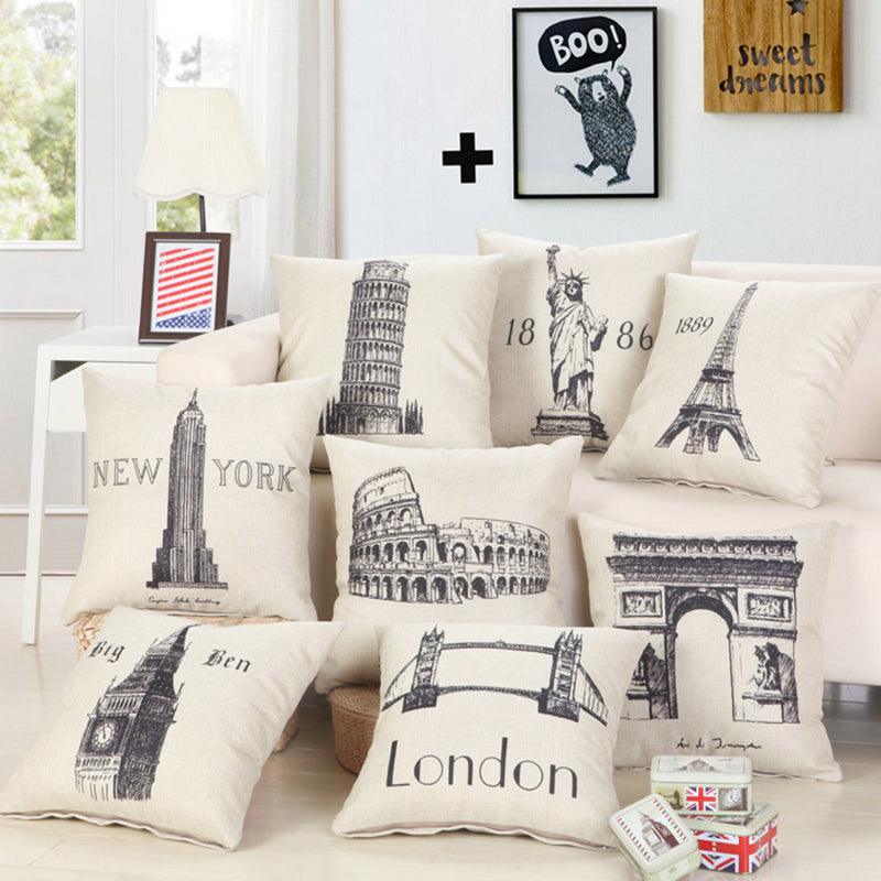 Great Buildings Print Pillow Cases London Paris New York Decorative Pillows Cotton Linen Home Decor Square Throw Pillows Cover - Amazitshop