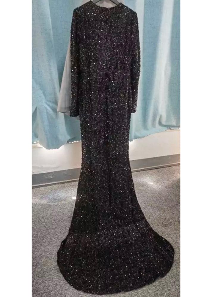 Grey Long Sleeve Sequin Evening Dress - Amazitshop