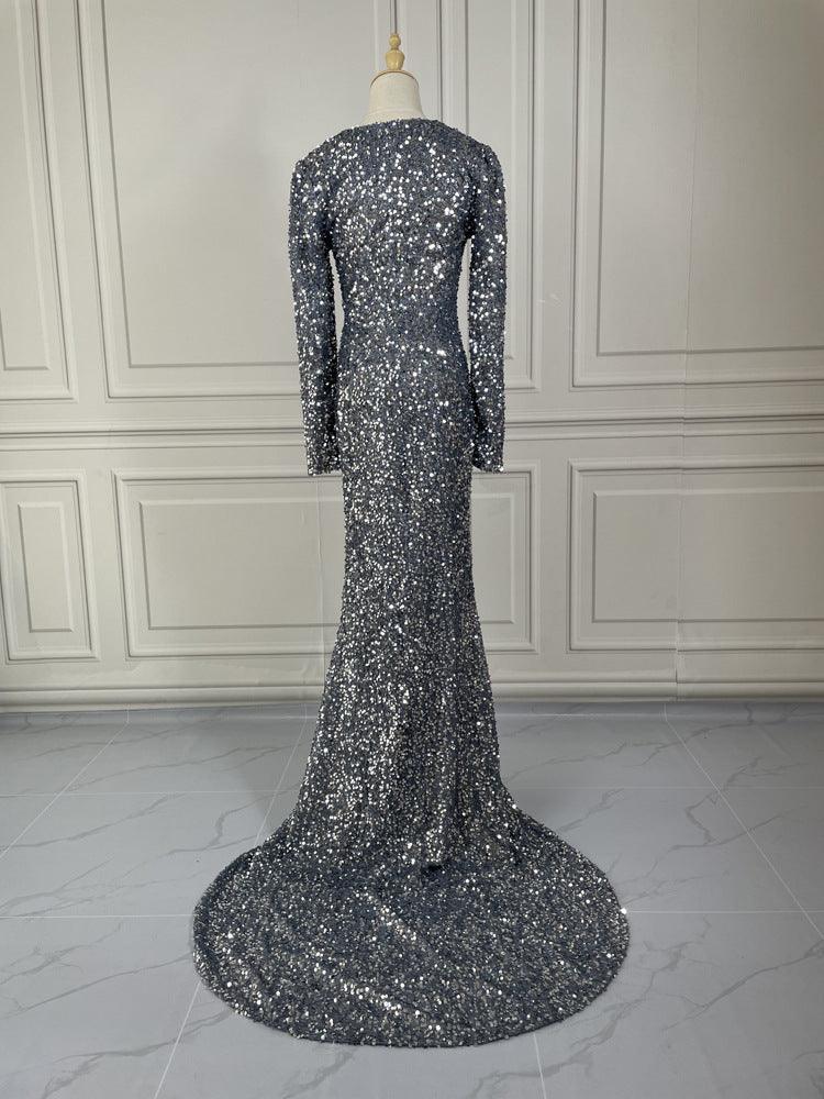 Grey Long Sleeve Sequin Evening Dress - Amazitshop