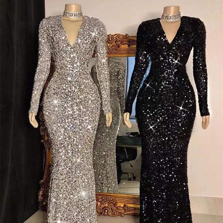 Grey Long Sleeve Sequin Evening Dress - Amazitshop