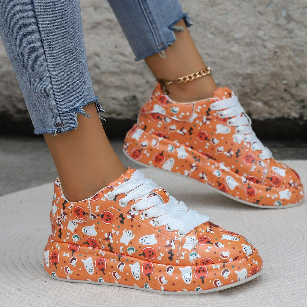 Halloween Cartoon Print Flats Fashion Graffiti Flats Shoes Platform Lace - up Round Toe Sports Shoes - Amazitshop