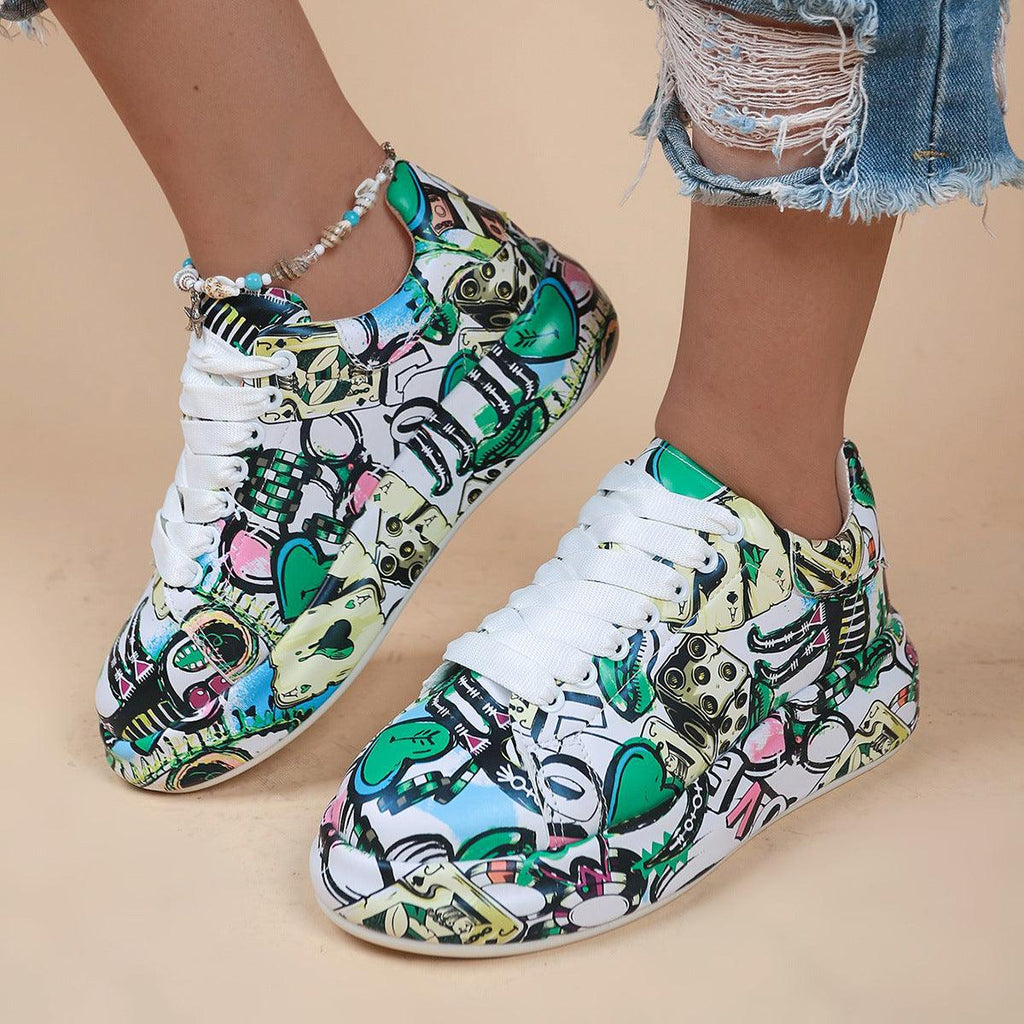 Halloween Cartoon Print Flats Fashion Graffiti Flats Shoes Platform Lace - up Round Toe Sports Shoes - Amazitshop