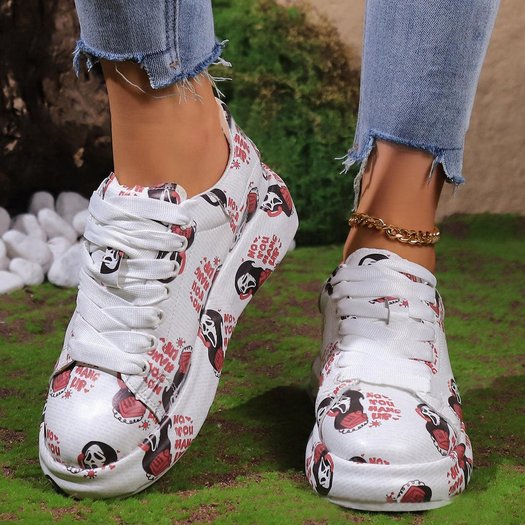 Halloween Cartoon Print Flats Fashion Graffiti Flats Shoes Platform Lace - up Round Toe Sports Shoes - Amazitshop