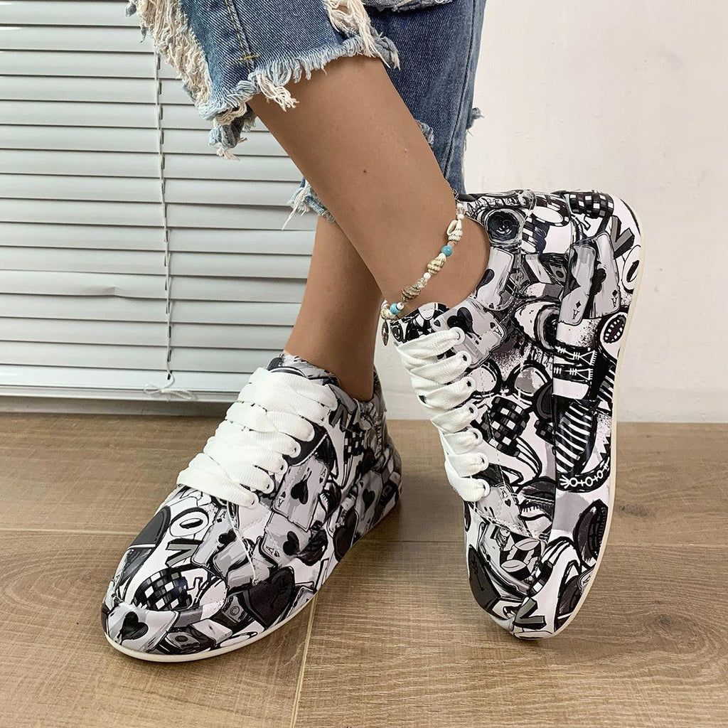 Halloween Cartoon Print Flats Fashion Graffiti Flats Shoes Platform Lace - up Round Toe Sports Shoes - Amazitshop