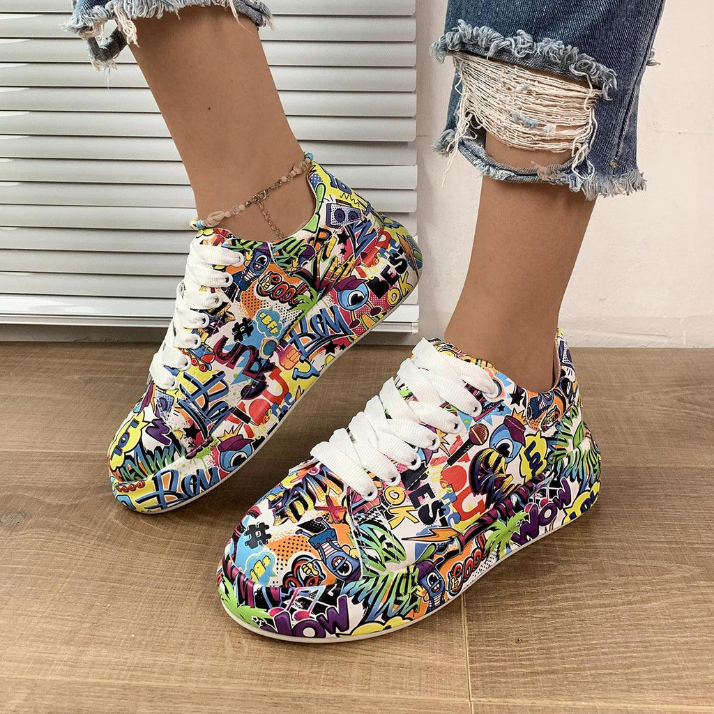 Halloween Cartoon Print Flats Fashion Graffiti Flats Shoes Platform Lace - up Round Toe Sports Shoes - Amazitshop