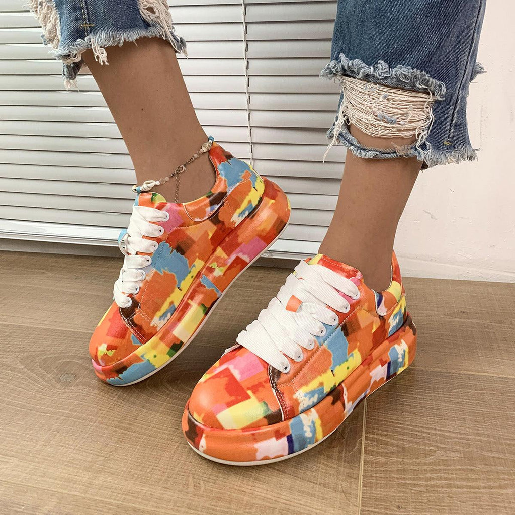 Halloween Cartoon Print Flats Fashion Graffiti Flats Shoes Platform Lace - up Round Toe Sports Shoes - Amazitshop