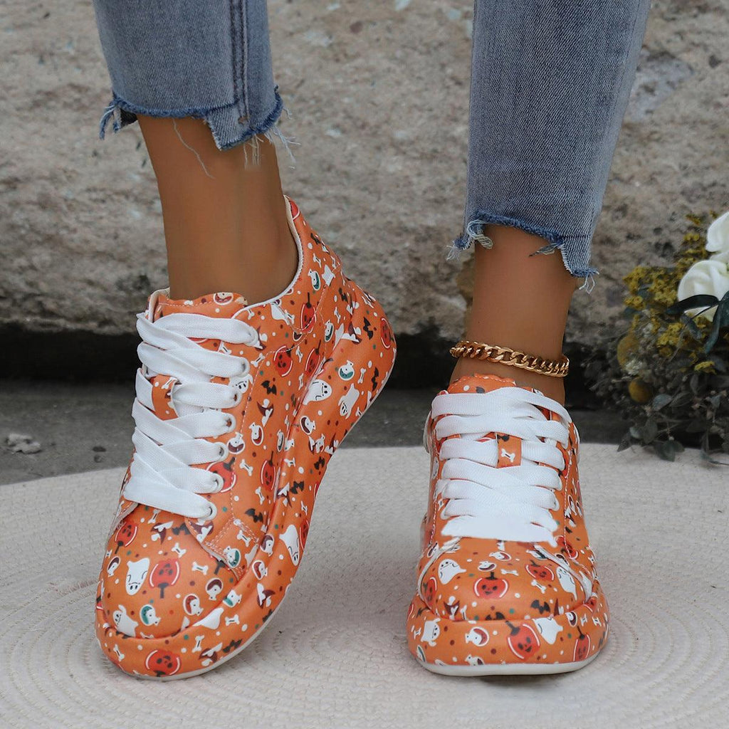 Halloween Cartoon Print Flats Fashion Graffiti Flats Shoes Platform Lace - up Round Toe Sports Shoes - Amazitshop