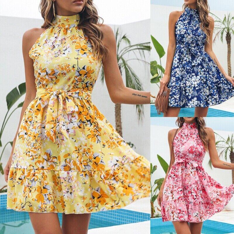 Halter Dresses Women Floral Print Sleeveless Swing Chiffon Holiday Dress - Amazitshop
