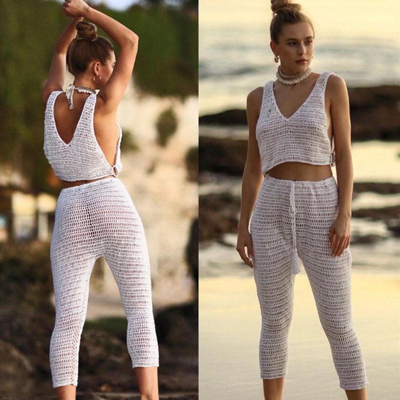 Handmade Crochet Beach Bikini Sweatshirt Swimsuit Cover Pants Set - Amazitshop