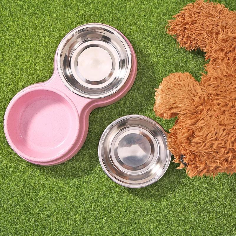 HAVO straw plastic round two - in - one double bowl stainless steel rice bowl pet supplies dog bowl - Amazitshop