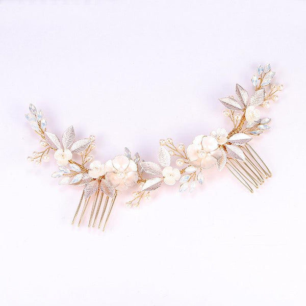 Headpiece Gold Leaf Hair Comb Accessory Pearl - Amazitshop