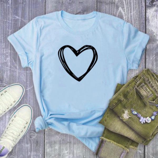 Heart Print T Shirt Women Short Sleeve O Neck Loose Tshirt Summer Women Causal Tee Shirt Tops Clothes Camisetas Mujer - Amazitshop