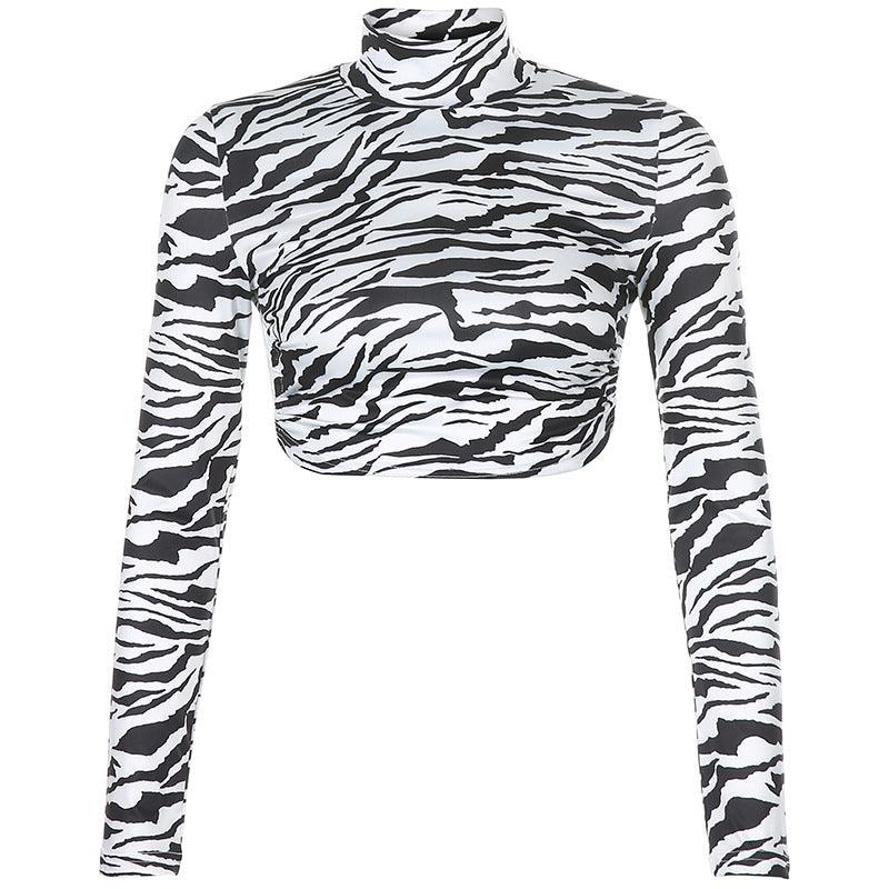 HEYounGIRL Animal Zebra Print Backless Cropped Tshirt Women Sexy Long Sleeve T-shirt Ladies Fashion Crop Tops Tees Streetwear - Amazitshop