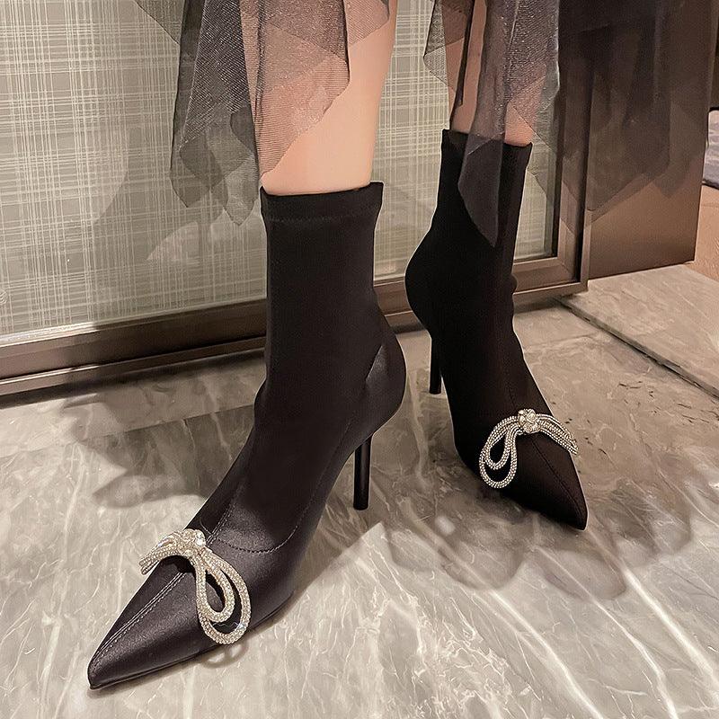 High Heel Rhinestone Sleeve Pointed Long And Short Black Boots - Amazitshop