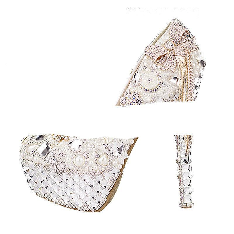 High Heel Waterproof Pearl Light Luxury Crystal Wedding Shoes - Amazitshop