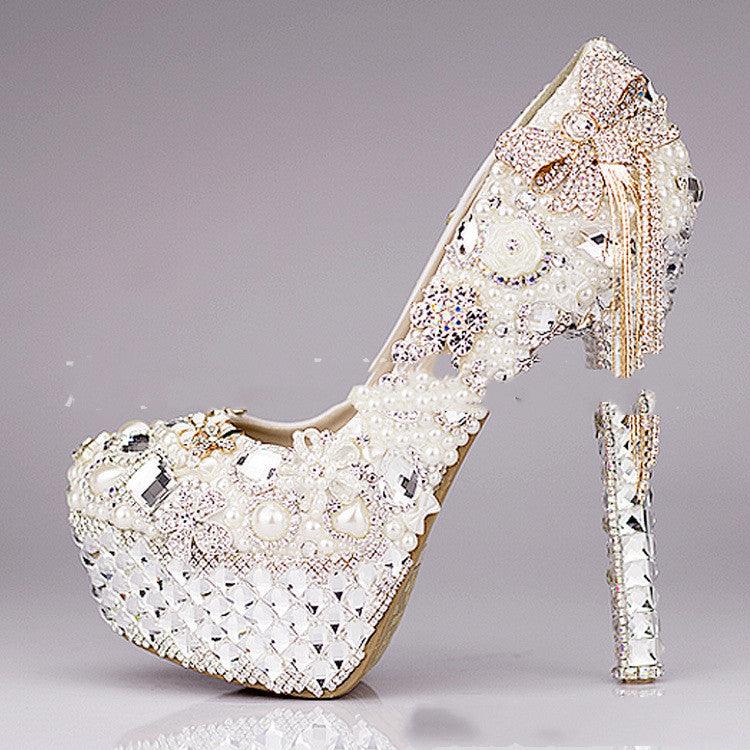 High Heel Waterproof Pearl Light Luxury Crystal Wedding Shoes - Amazitshop