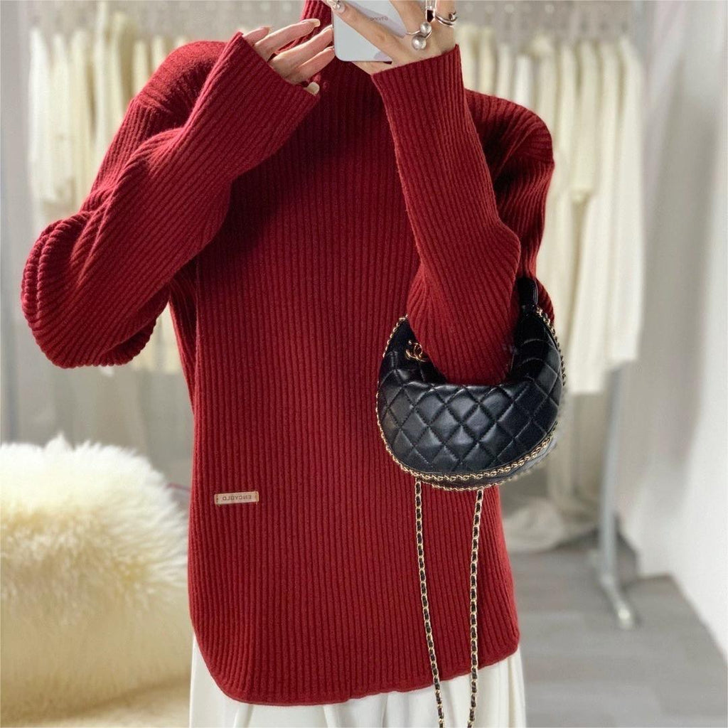 High Neck Split Knitted Women's Long - sleeved Sweater - Amazitshop